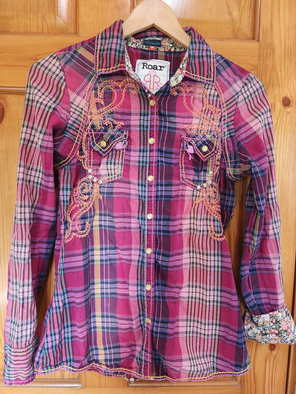 Roar Magenta Plaid Button-Up with Orange Embroidery, Medium
